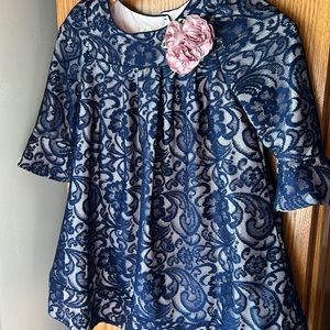 Laura Ashley Girls Navy/Pink Lace Swing Dress.